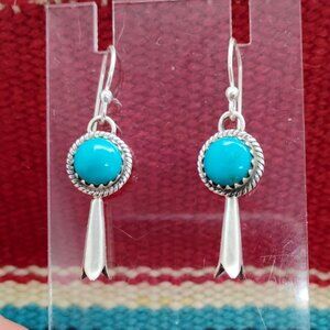 Southwestern Squash Blossom Earrings Sterling Silver Turquoise 1.5"